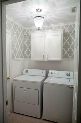 Grey Stenciled Laundry Room With Wallpaper Wainscoting The After