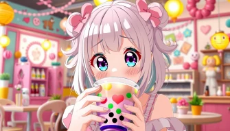 Cute Anime Girl Drinking Boba Wallpaper