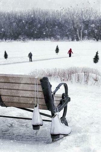 Ice Skates Hanging On Bench With People Skating In Background