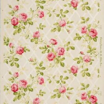 Rose Vines On Diamond Mica Lattice Antique Wallpaper Remnant In
