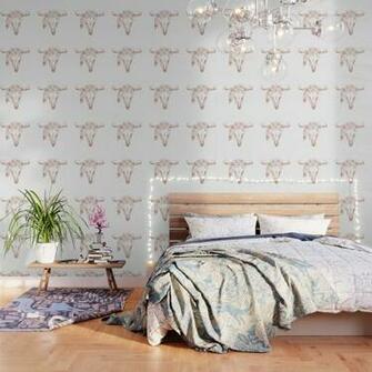 Rose Gold Bull Skull With Pink Feather Flowers Wallpaper By
