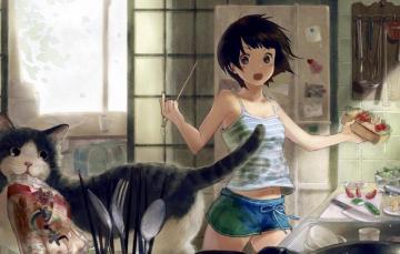 Wallpaper Girl Shorts Anime Food Cat Short Hair Animal
