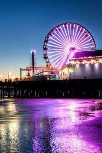 Wallpaper Santa Monica Pier Ferris Wheel Night Lights Sea