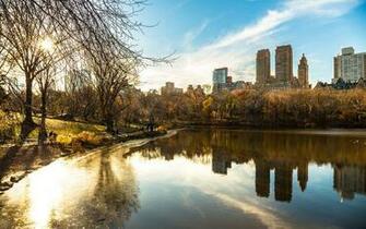 Lake Reflection Trees Sunlight New York Central Park Autumn Wallpaper