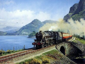 Locomotive Crossing The Country Field Steam Train Painting Wallpaper