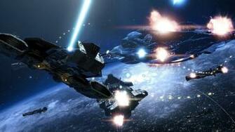 Wallpaper Stargate Battle Spaceship Laser Orbit Planet