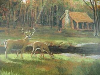 Outdoor Scene W Cabin Deer Turkey Canoe Wallpaper