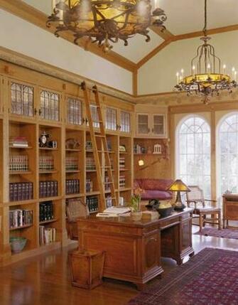Custom Cherry Library Wallpaper Leaded Glass Cabinet Doors Rolling