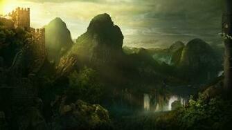 Wallpaper Fantasy Mountains Landscapes Waterfalls 3d