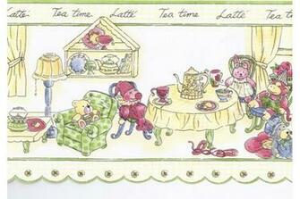 Green Yellow Tea Time Toys Wallpaper Border