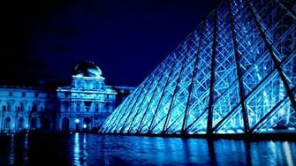 France Paris Louvre Museum Architecture Pyramid Night Water Lights