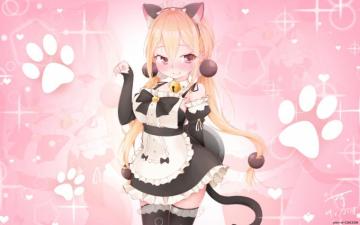Konachan Apron Bell Blush Catgirl Headdress Long Hair