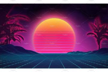 Retro Background Futuristic Landscape 1980s Style Digital