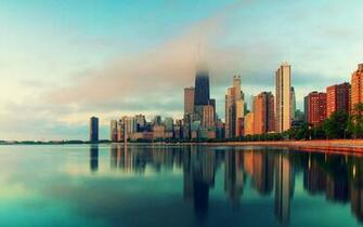 Chicago Illinois City Skyscrapers Water Fog Wallpaper