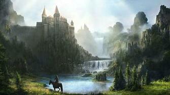 Fantasy Waterfall Castle HD Wallpaper