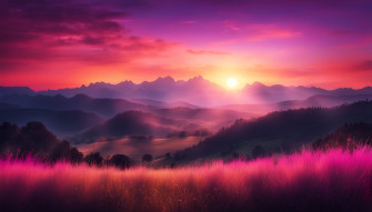 An HD Wallpaper Featuring A Stunning Sunset Over Peaceful Meadow With Vibrant Shades Of Pink Purple And Orange Blending Together In The Sky Include Silhouettes Majestic Mountains Background Adding Sense Serenity Beauty To Overall Scene