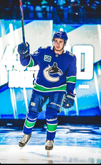 Quinn Hughes Straight Face While Holding Hockey Stick In