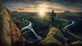 Men Nature Landscape Mountains Clouds Iceland River Sun Rays Hills Rock Wallpaper HD