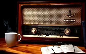 Retro Classic Radio Setting Still Life Glasses Coffee Cup Books Wood