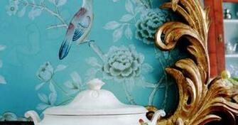 Turquoise Blue Chinoiserie Wallpaper With Birds Interior Design By
