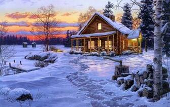 Log Cabin Landscape Wallpaper Top