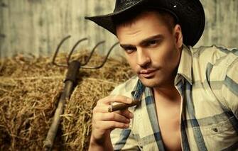 Wallpaper Look Hat Hay Cigar Shirt Cowboy Guy Pitchfork