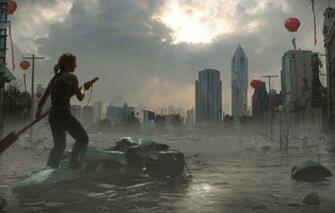 Wallpaper The Sky Water Girl City Building Raft