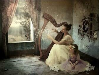 Girl Harp Humming Birds Sun Tree Victorian Window Women