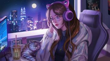 Anime Girl Lofi Cat 4k Phone iPhone Wallpaper 464a