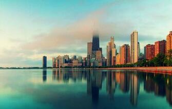 Wallpaper Water The City Fog Skyscrapers Chicago Illinois