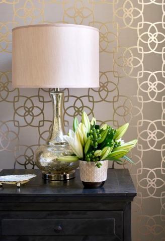 Transitional Master Bedroom With Wallpaper Accent Wall And