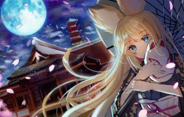 Wallpaper Night Umbrella Japan Mask Girl Temple Pagoda
