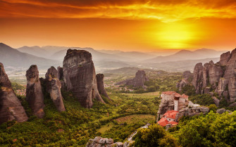 Sunset Monastery Greece Religious Meteora 4k Ultra HD Wallpaper