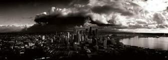 Stormy Seattle Grayscale Dual Monitor HD Quality Wallpaper