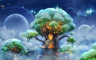 House Landscapes Trees Sky Stars Clouds Islands Wallpaper Background