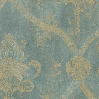 Aqua Blue Gold Weathered Damask Wallpaper