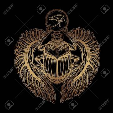 Isolated Vector Tattoo Image Golden Scarab Beetleon A Black