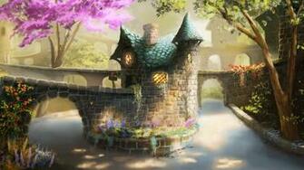 House Tree Flowers River Wallpaper