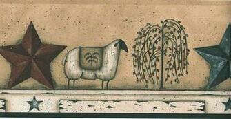 Country Sheep Border Featuring Willow Trees And Stars On A Primitive