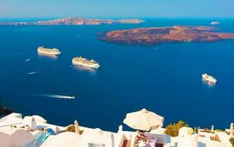 Santorini Greece Panorama Sea Ships Desktop Background