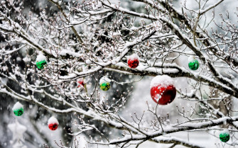Christmas Ornaments In The Snow Ultra HD Desktop Background
