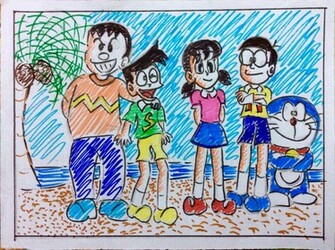 Doraemon And Friends Group Photo At The Beach By Suneo On