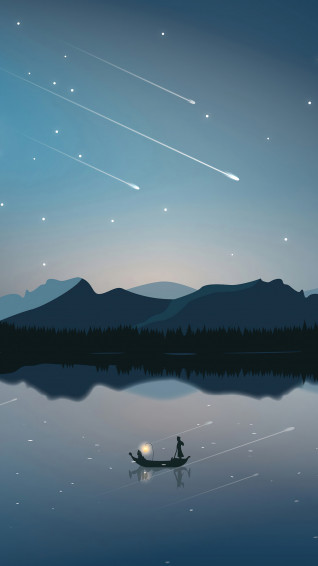 Minimalist Starry Night Sky Lake Mountain Scenery HD 4k Wallpaper