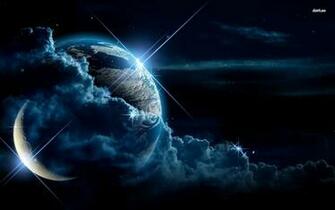 Earth And Moon Between The Clouds Wallpaper