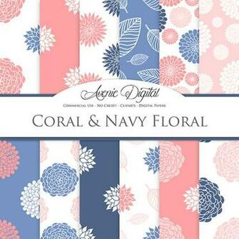 Floral Coral And Navy Digital Paper Mygrafico