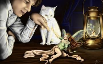 Desktop Wallpaper Cats Fairies Man Girls Fantasy Paraffin