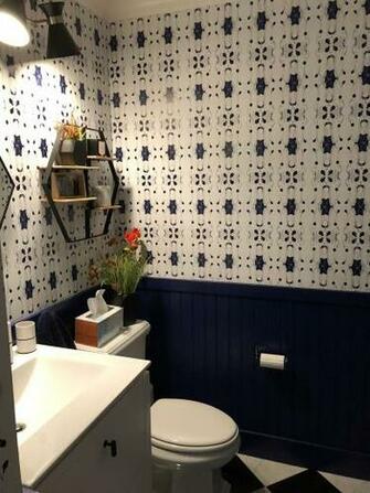 Powder Room Navy Wainscoting Tamarindo Wallpaper From Jennifer