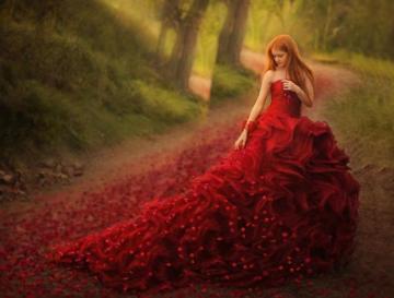 Bokeh Girls Trees Road Nature Flowers Red Dress Wallpaper