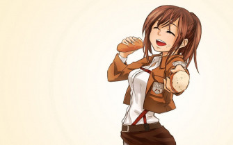 Anime Brunette Girl Ponytail Eating Wallpaper
