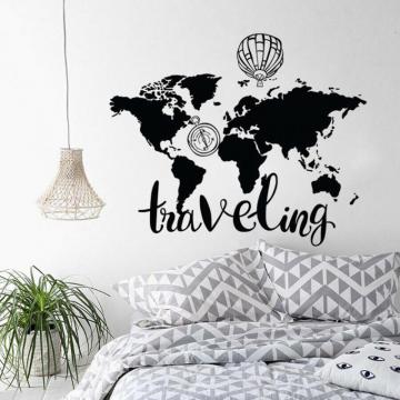 Travel World Map Wall Paper Hot Air Balloon Compass Home Decor